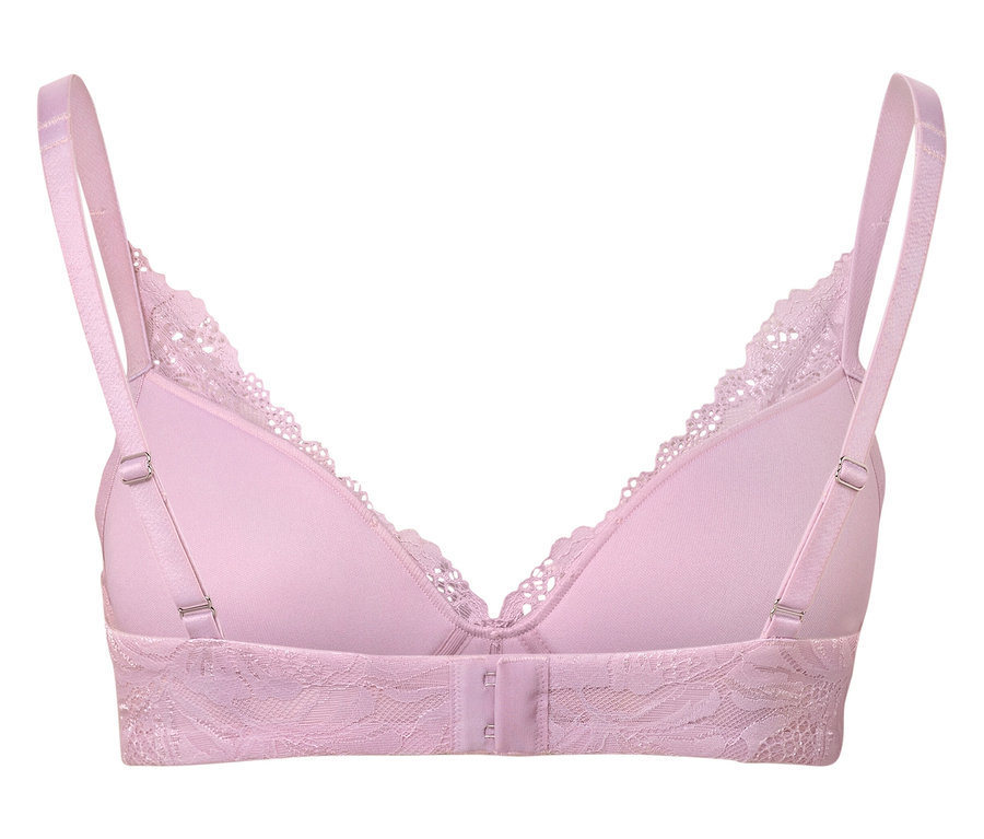 Detailansicht von hinten eines hellvioletten BHs mit Spitzendetails.