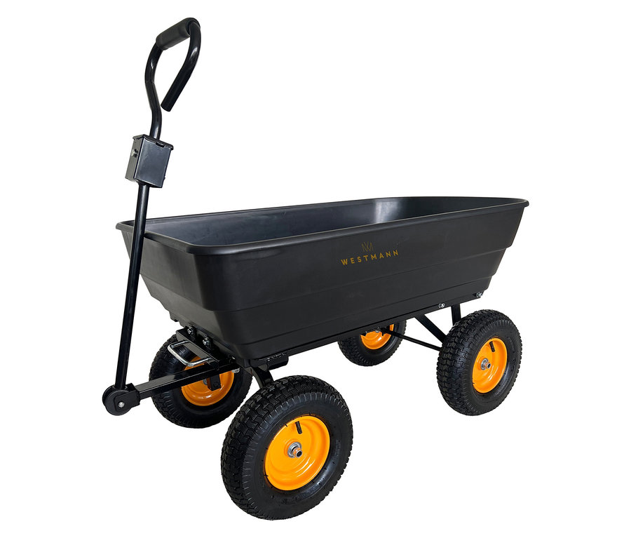 Schwarzer Bollerwagen mit orangenen Felgen vor weißem Hintergrund.