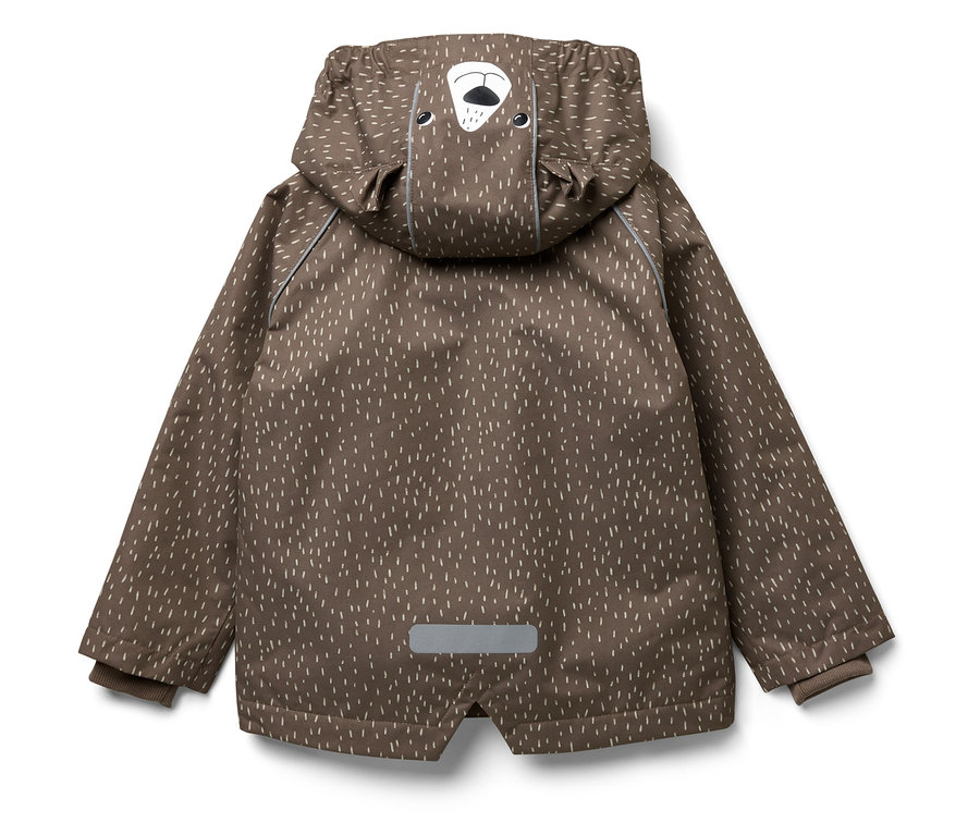 Braune Jacke mit Kapuze, weißen Linienmuster und einem Bärengesicht auf der Kapuze.