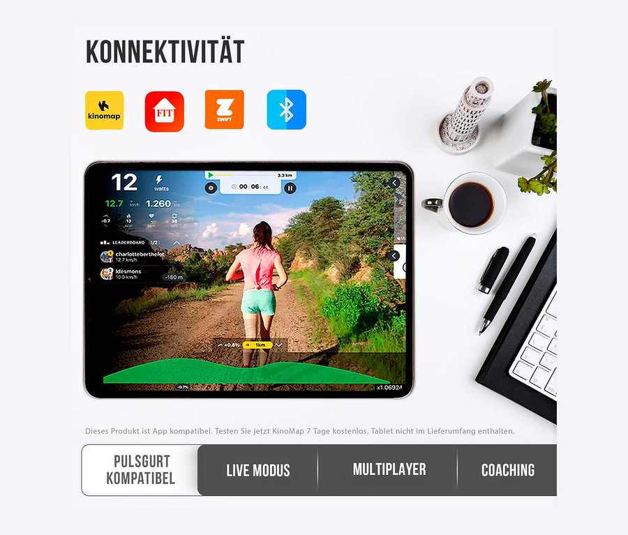 Auf einem Tablet-Bildschirm läuft eine Frau auf einem Feldweg. Um sie herum sind Bäume.