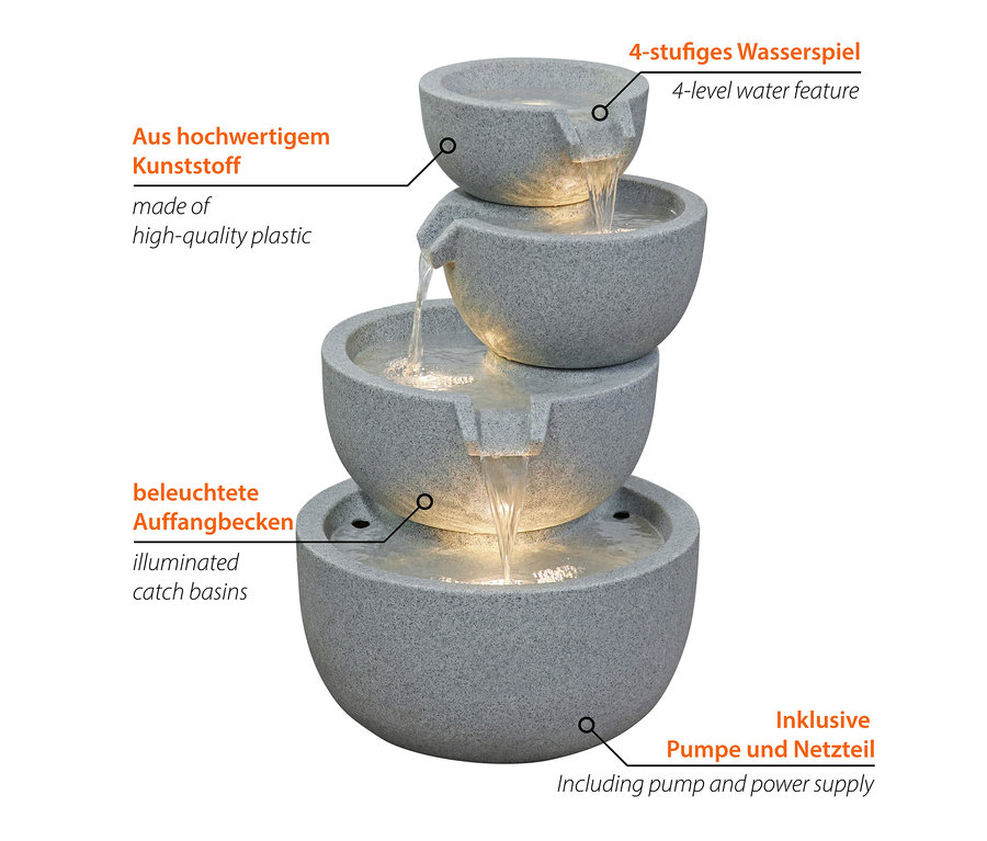 4-stufiger LED-Gartenbrunnen »Rama« mit Wasser, das zwischen den Stufen fließt.