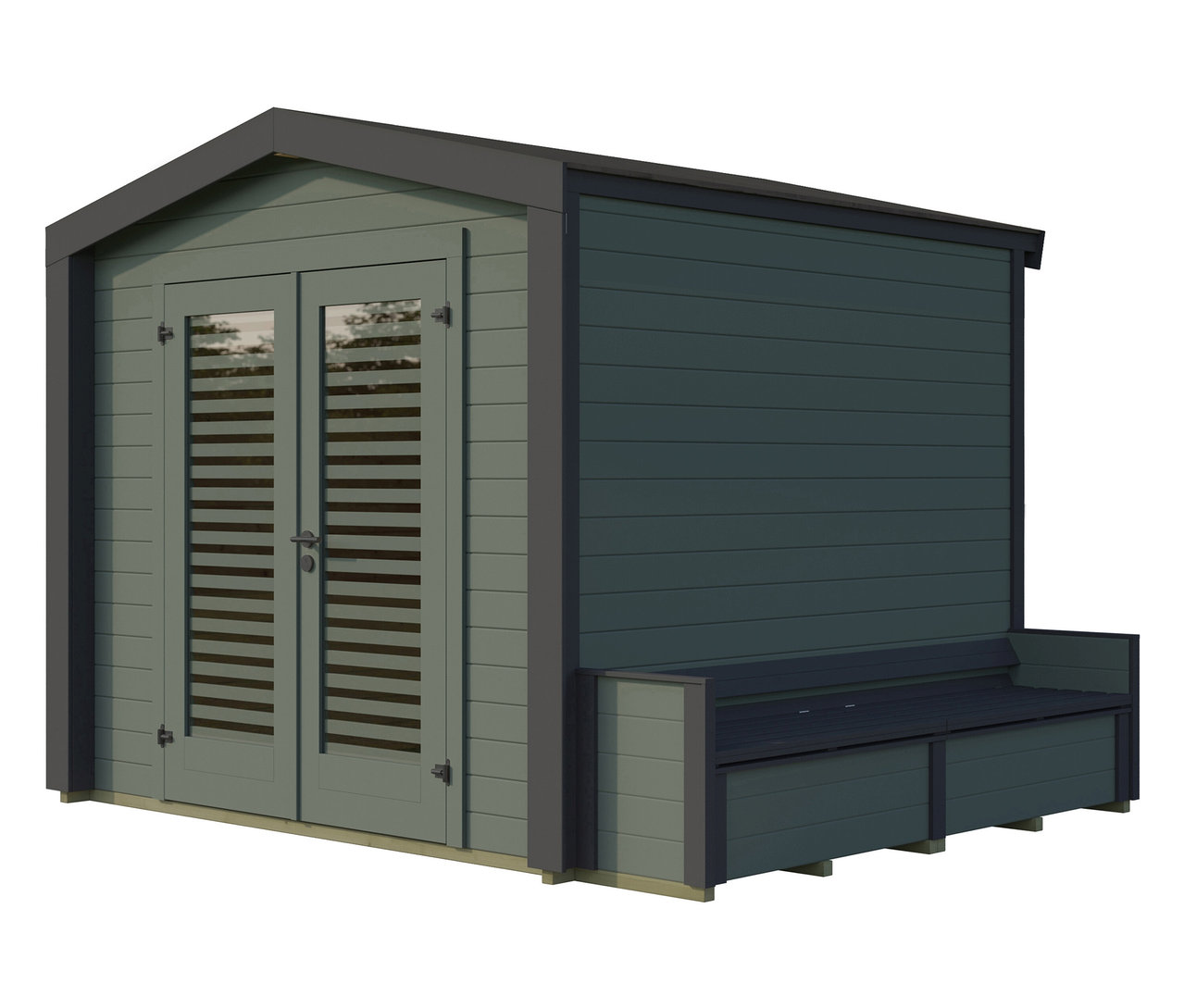 Ein graues Gartenhaus mit Doppeltüren und Fensterläden, daneben eine Bank.