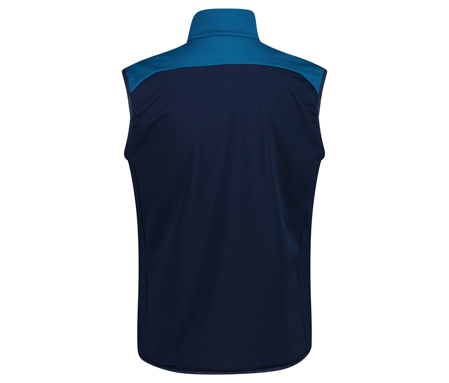 Rückansicht einer ärmellosen, marineblauen Weste mit blauem Kragen.