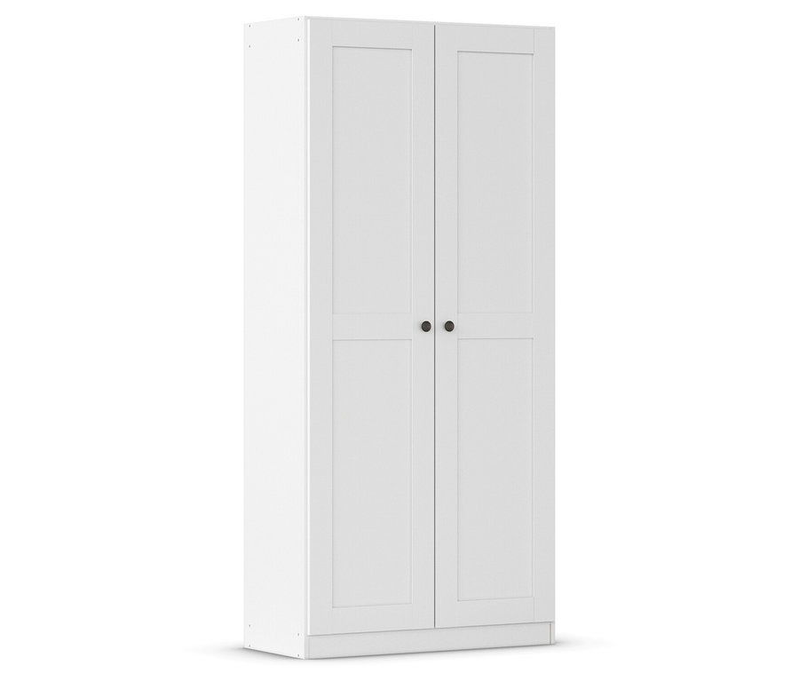 Ein weißer Schrank mit zwei Türen steht vor einem weißen Hintergrund.