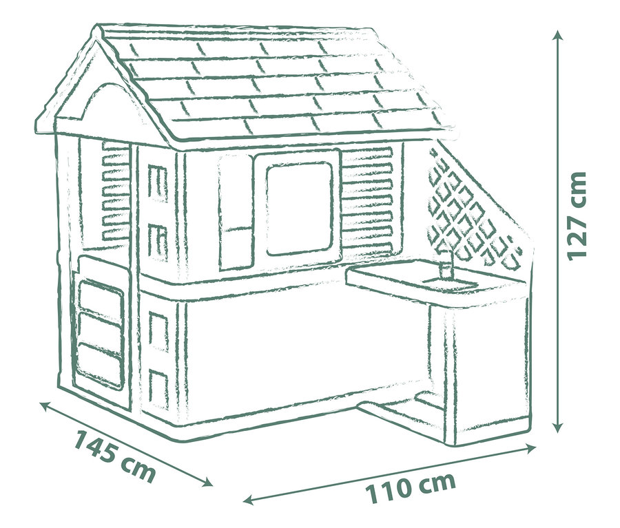 Draufsicht des Smoby Life Spielhauses »Pretty« mit Küche, Maße 145 x 110 x 127 cm.