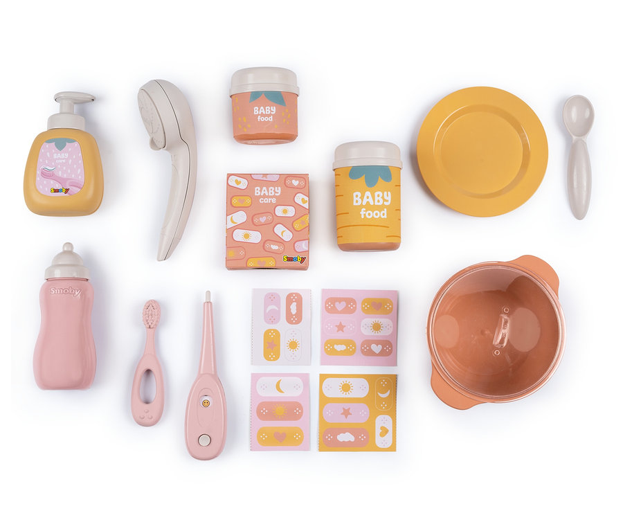 Verschiedene Baby-Spielzeuge, darunter Flasche, Thermometer, Zahnbürste, Dusche, Seife, Essen, Schüssel, Teller und Pflaster.