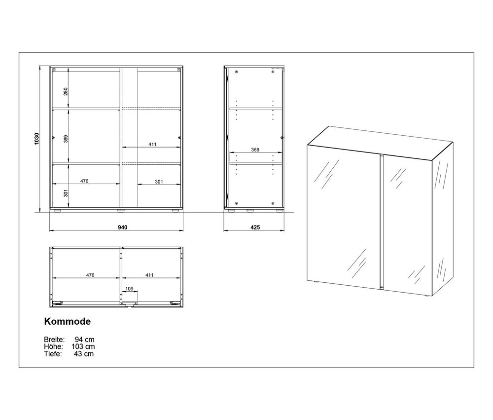 Technische Zeichnung einer Kommode mit Maßen.