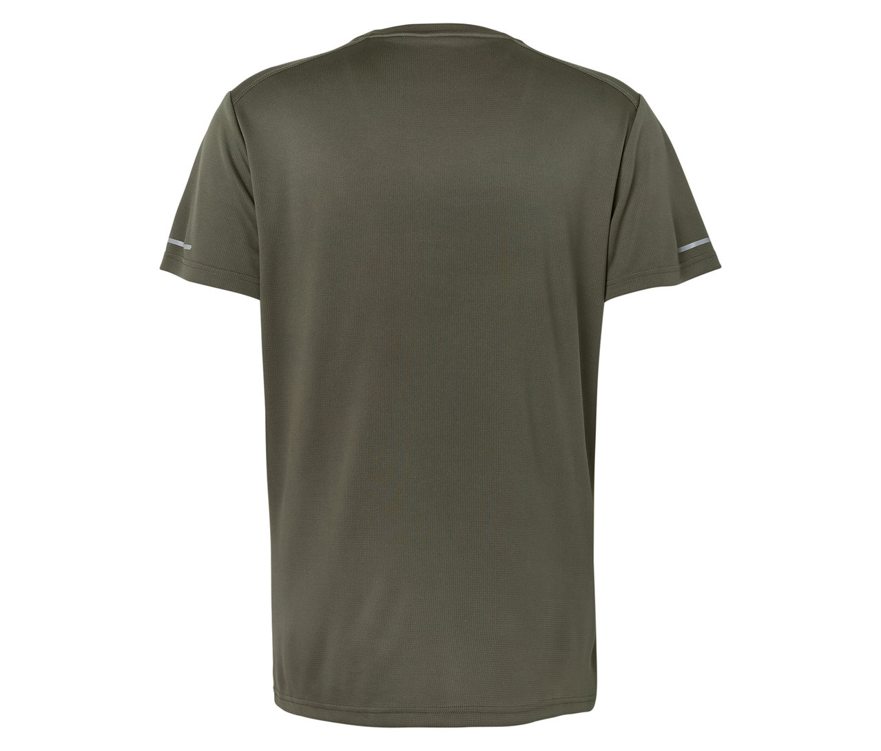 Nahaufnahme der Rückseite eines olivgrünen T-Shirts mit kurzen Ärmeln und reflektierenden Streifen.