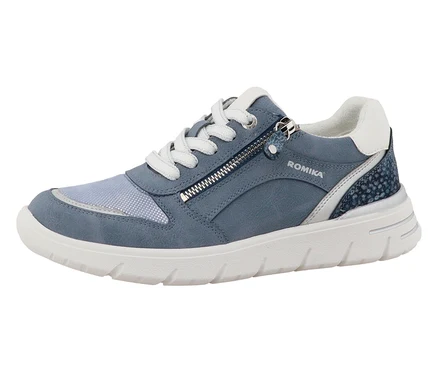 Ein einzelner blauer ROMIKA Schuh mit weißer Sohle und Schnürsenkeln.