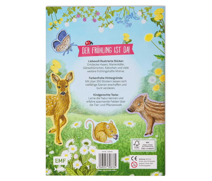 Aufkleberbogen zum Thema Frühling mit Illustrationen von Tieren und Pflanzen.