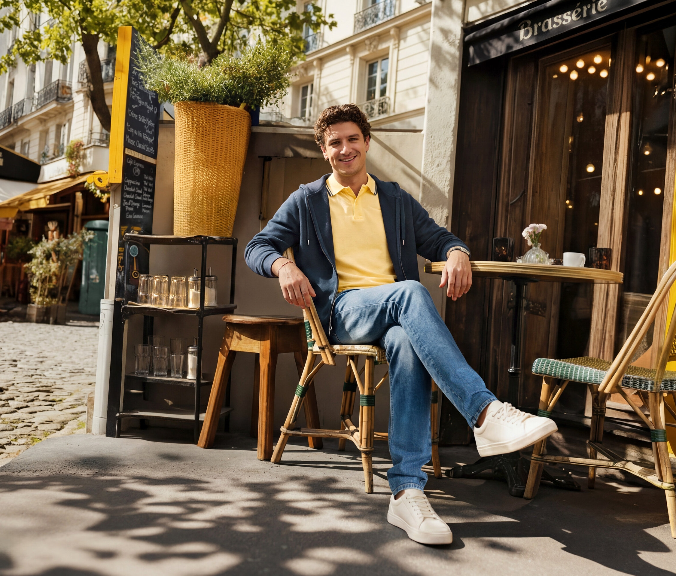 Ein Mann sitzt vor einem Café, trägt Jeans, ein gelbes Piqué-Poloshirt und eine marineblaue Kapuzenjacke.