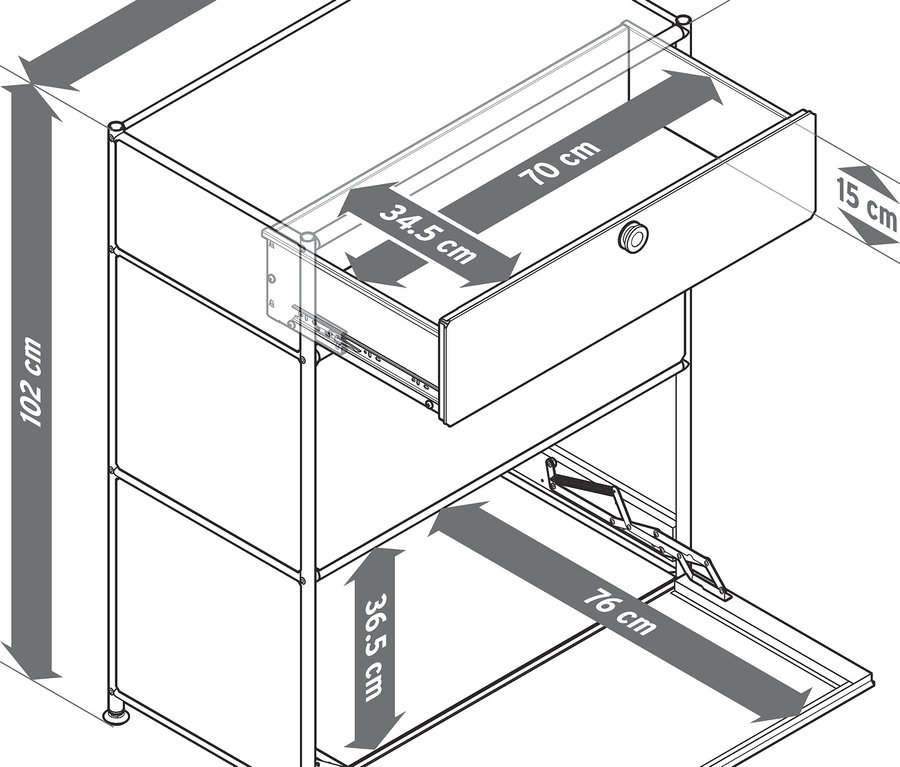 Diagramm eines Möbels mit offener Schublade und Tür sowie hervorgehobenen Abmessungen.