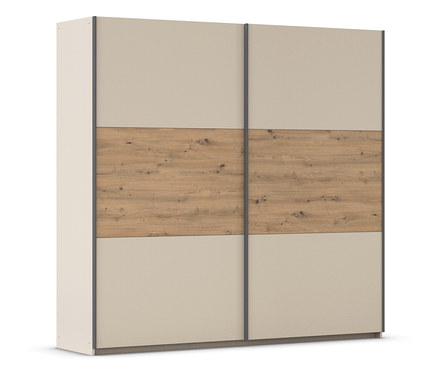 Beiger Schiebetürenschrank mit Holzstruktur in der Mitte.