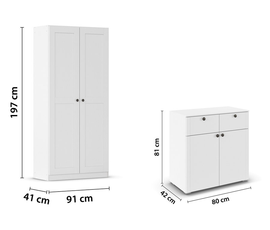 Abbildung eines weißen Kleiderschranks (197 cm hoch, 91 cm breit, 41 cm tief) neben einem weißen Sideboard mit Schubladen (81 cm hoch, 80 cm breit, 42 cm tief).