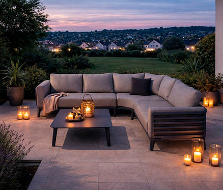 Anthrazitfarbene Leco Lounge-Ecke »Moss« mit Tisch auf einer Terrasse mit Kerzen und Blick auf eine Wohngegend.
