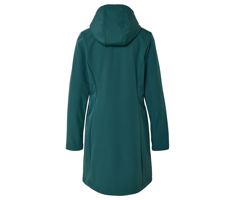 Rückansicht einer smaragdgrünen Softshelljacke mit Kapuze.
