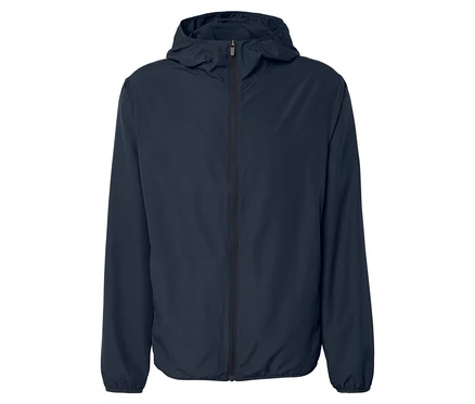 Marineblaue Kapuzenjacke mit durchgehendem Reißverschluss.