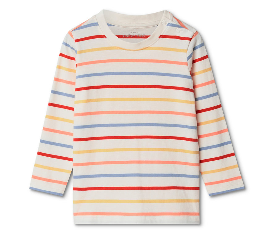 Gestreiftes langärmliges Kinder T-Shirt in Weiß mit roten, gelben, blauen und orangefarbenen Streifen.