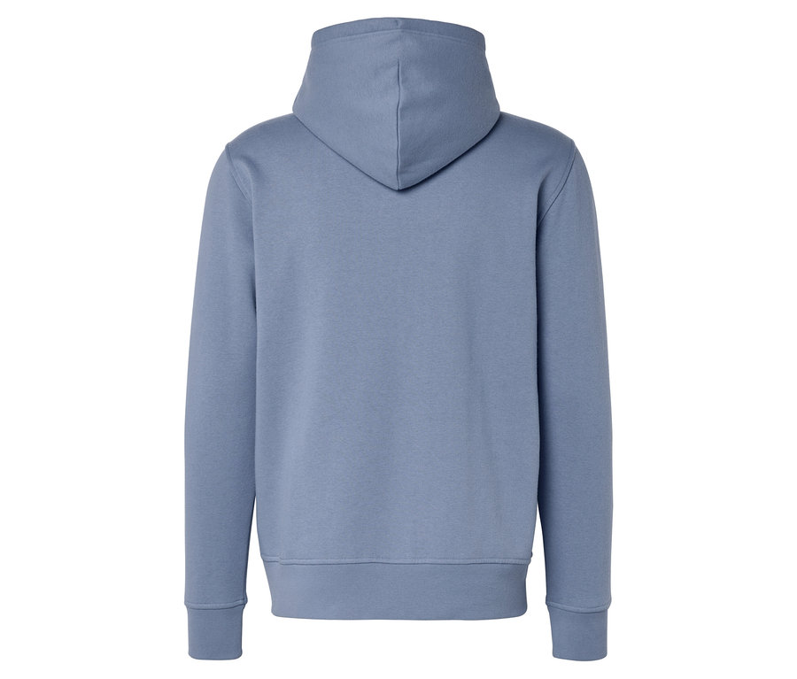 Rückansicht eines hellblauen Kapuzenpullovers.