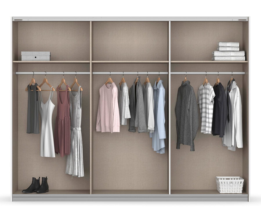 Innenansicht von rauch Kleiderschrank »Barea« mit Kleidung an Kleiderbügeln, Schuhen und gefalteten Handtüchern.