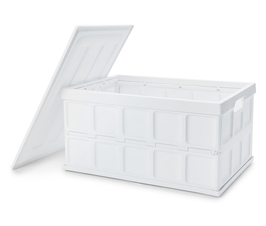 Eine weiße, zusammenklappbare Aufbewahrungsbox aus Kunststoff mit einem Deckel, der teilweise geöffnet ist.