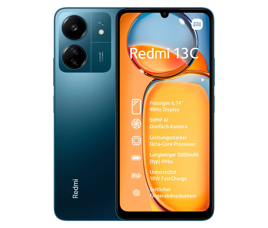 Xiaomi Redmi 13C 128 GB Navy Blue Smartphone, Vorder- und Rückseite sind sichtbar.