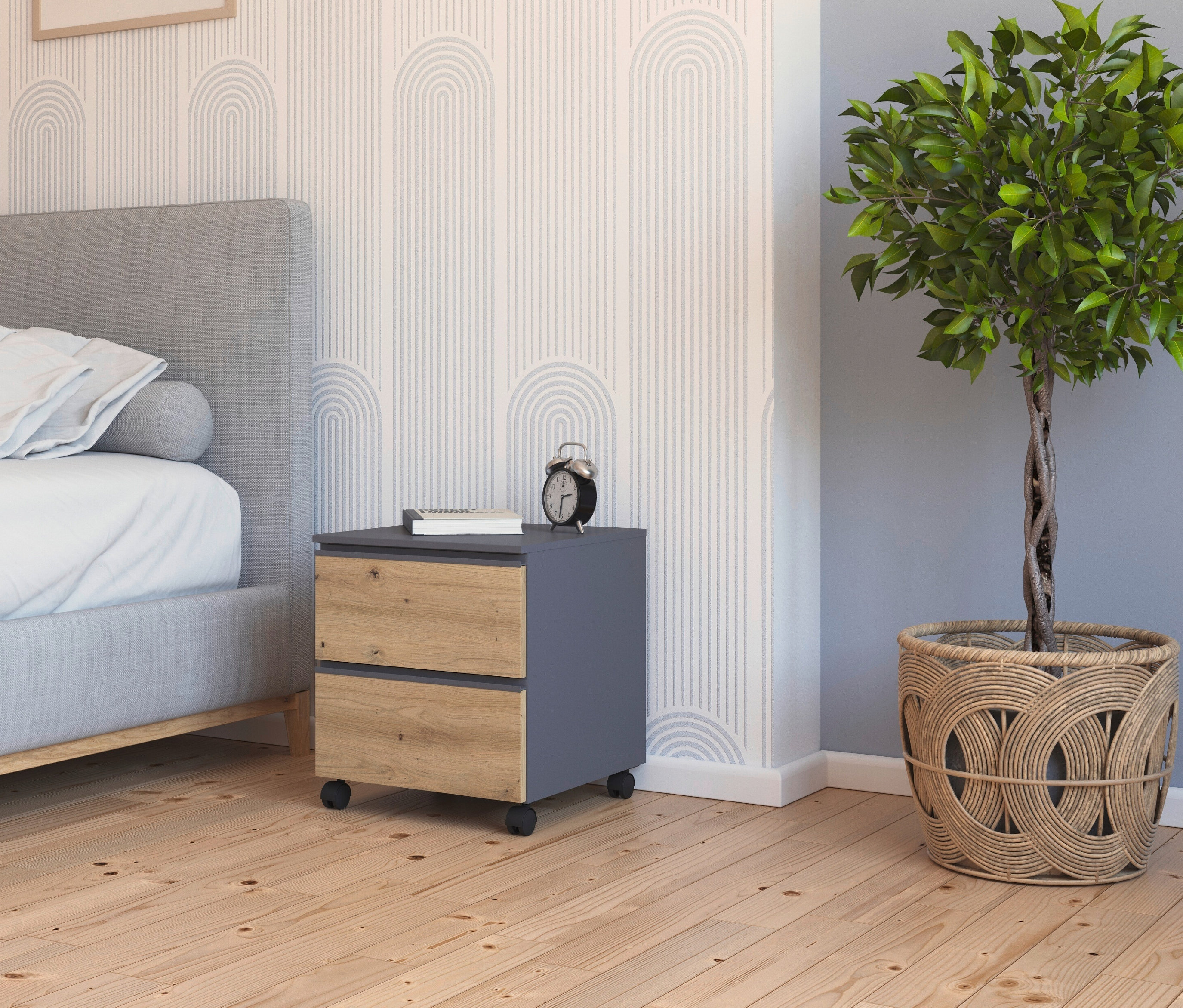 Thumbnail - rauch Nachttisch »Joel« mit Rollen und 2 Schubladen - 40x42x45cm - grau - Holz