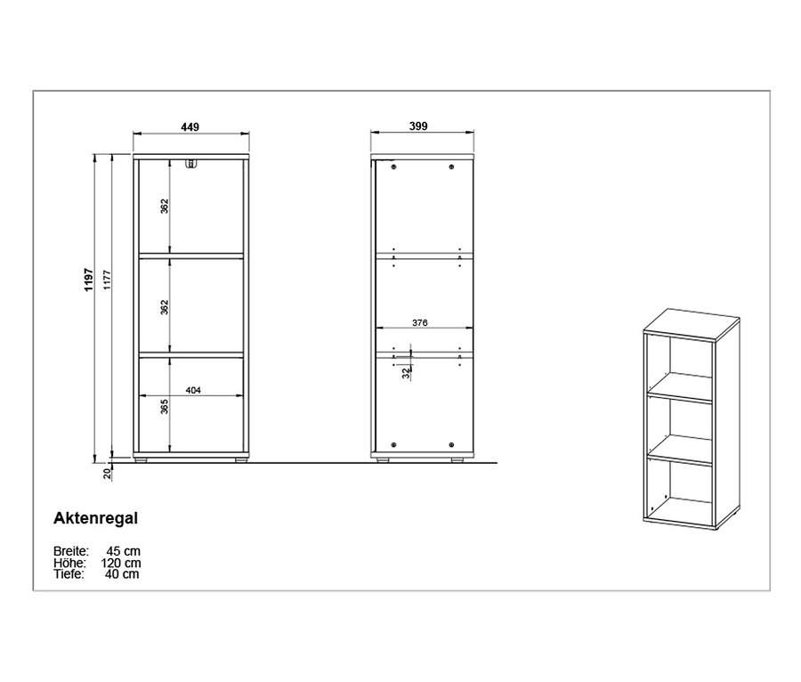 Technische Zeichnung eines Aktenregals »Agenda« mit 3 Fächern und Maßangaben.