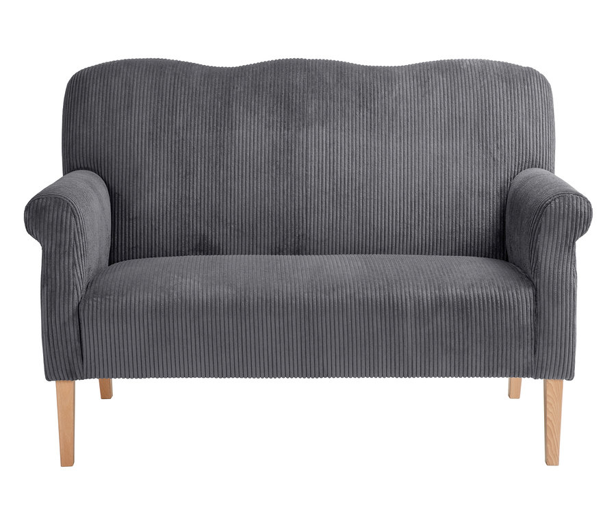 Graues Kordsofa mit Holzbeinen vor weißem Hintergrund.