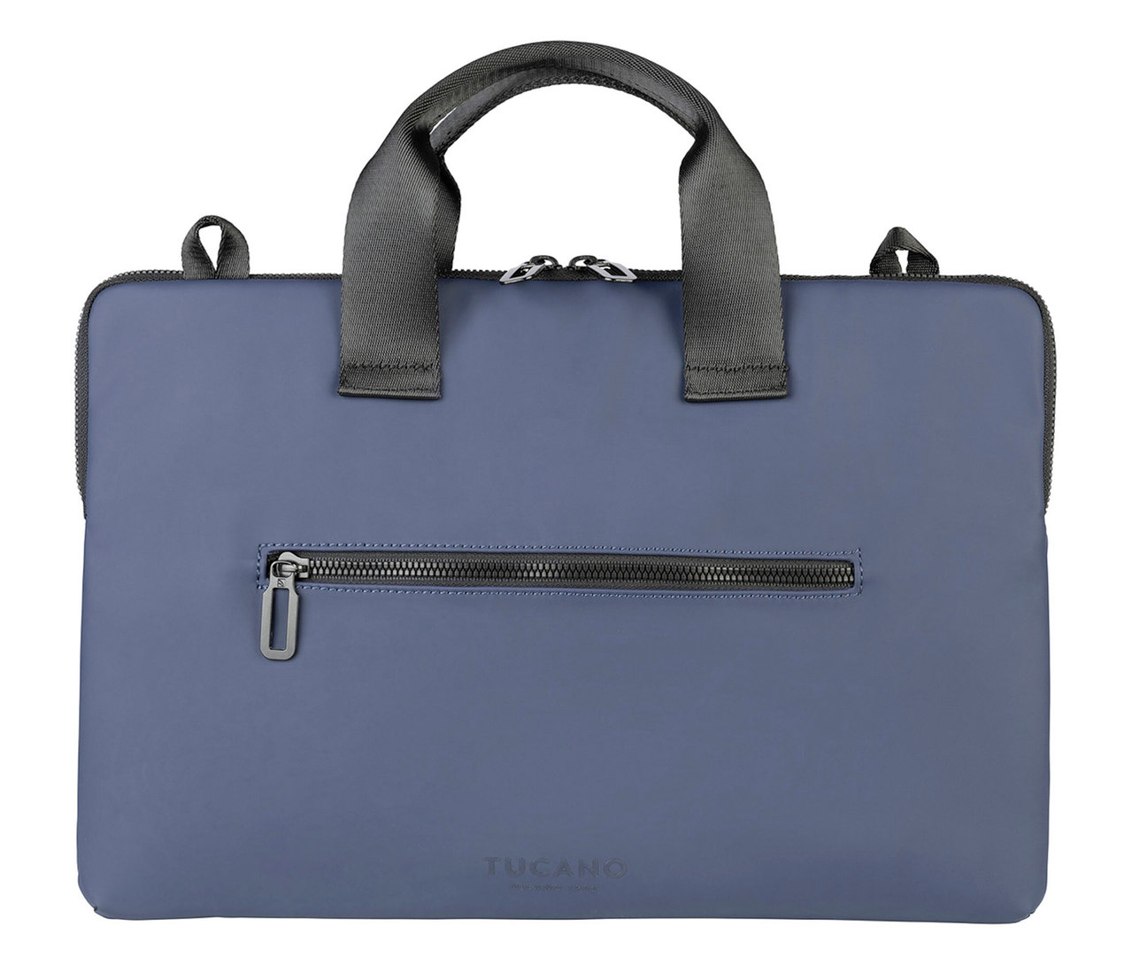 Blaue Tucano Laptoptasche mit Reißverschluss-Fronttasche und Tragegriffen.
