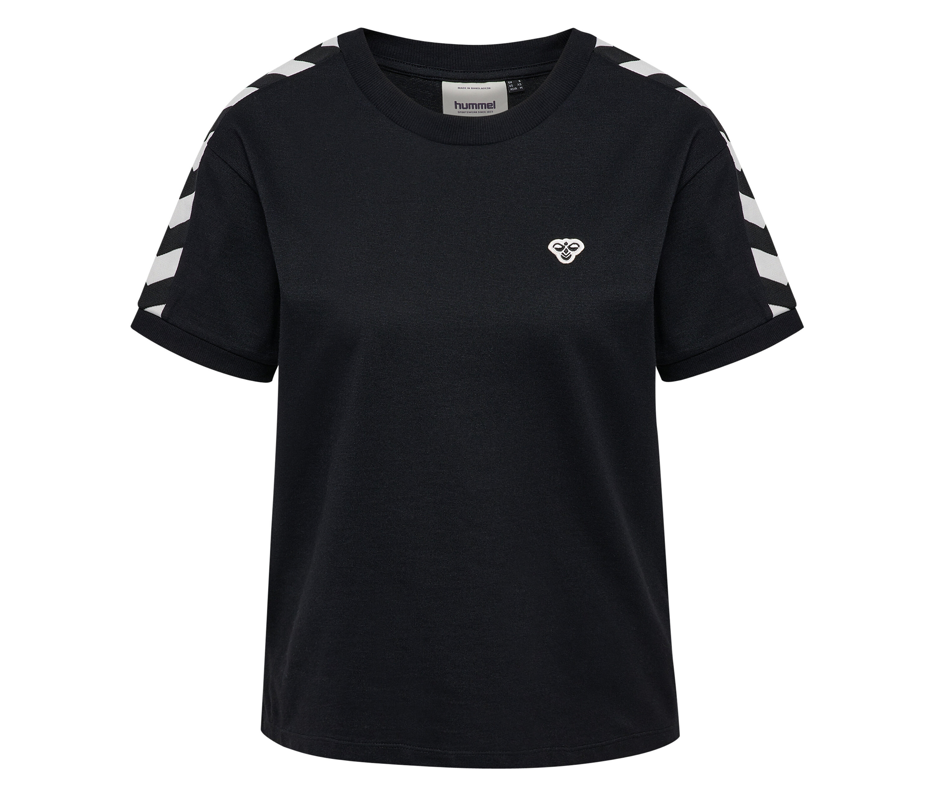 Schwarzes HUMMEL Damen-T-Shirt mit weißem Logo und weißen Streifen an den Ärmeln.