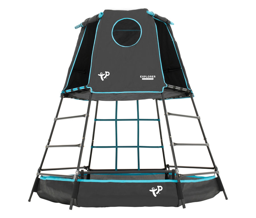 Dreistöckiger, grauer Kletterturm »Explorer« mit blauen Akzenten, Leitern und Kletternetz.