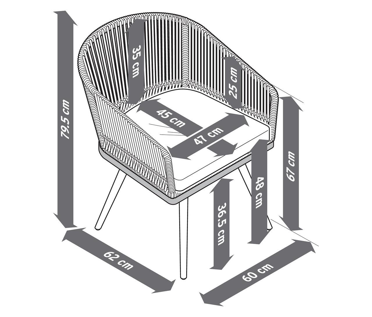 Abbildung eines drehbaren Gartenstuhls mit Textilgeflecht und Maßangaben.