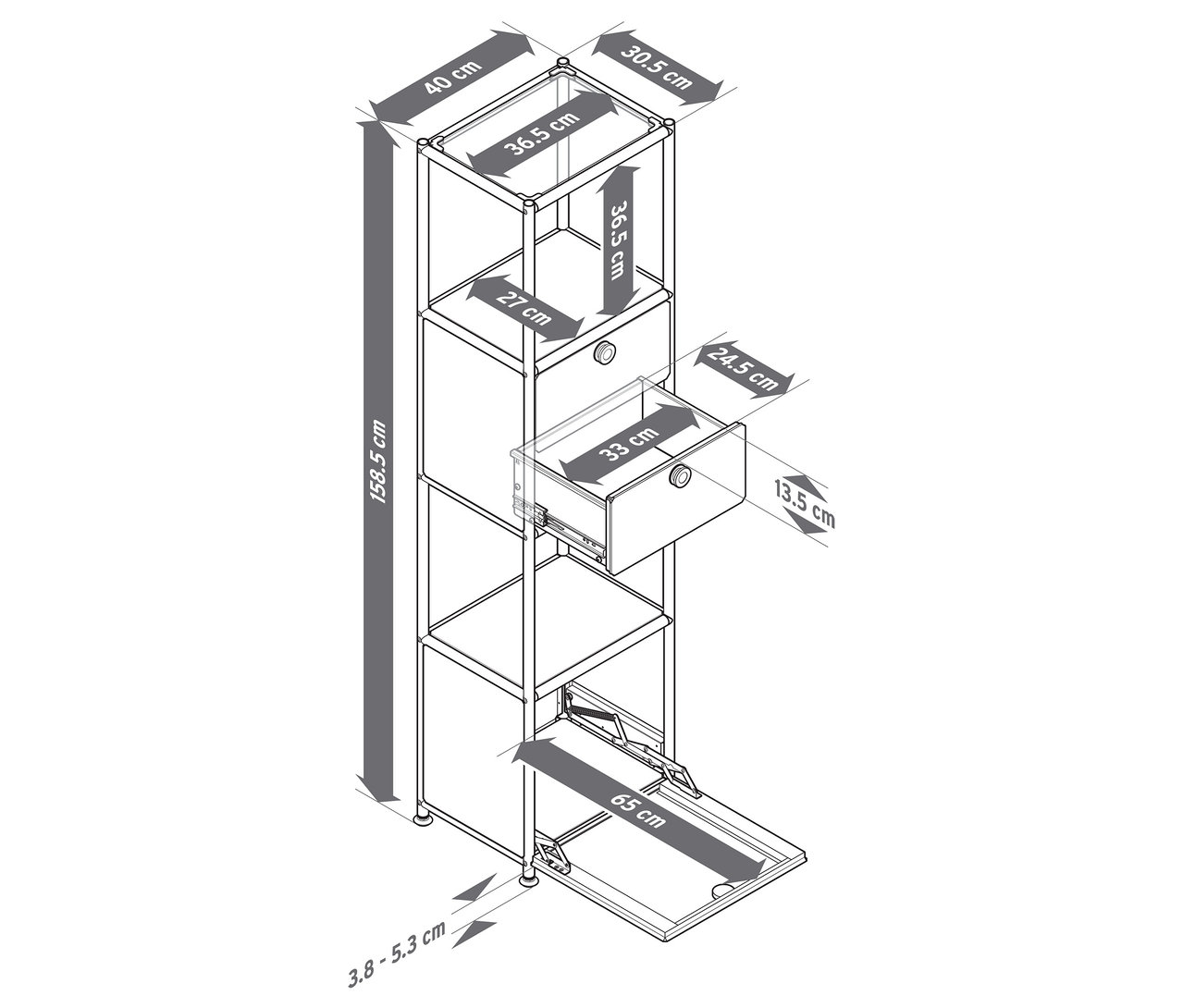 Draufsicht eines Metall-Regals »CN3 Slim Line« mit zwei versetzbaren Schubladen und einer versetzbaren Klappe mit Bemaßungen.