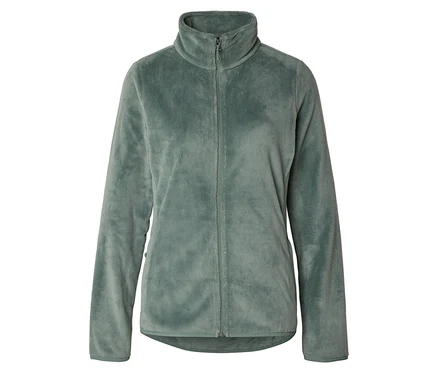 Eine hellgrüne Fleecejacke mit durchgehendem Reißverschluss und Stehkragen ist vor einem weißen Hintergrund zu sehen.