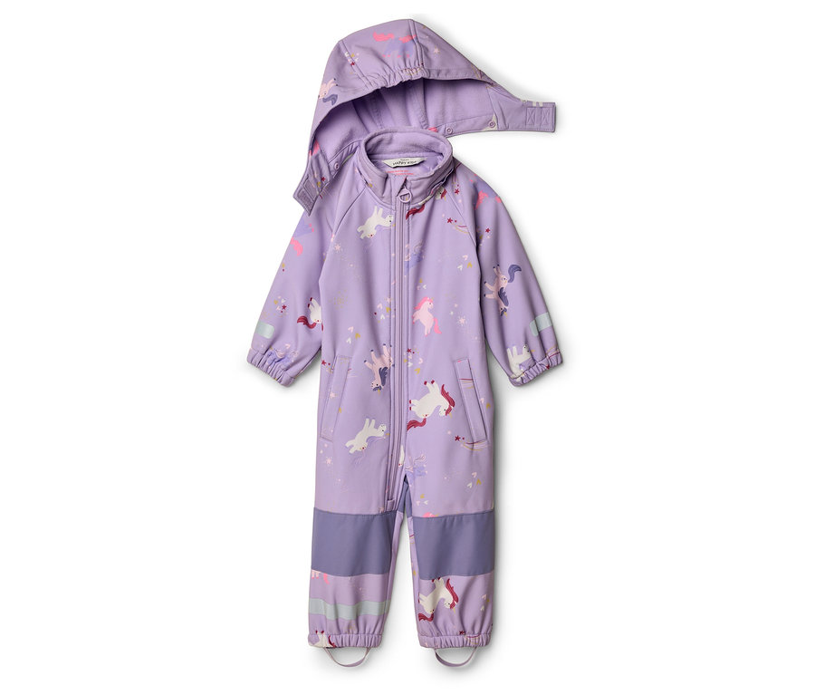 Lila Kinder-Overall mit Kapuze, Reißverschluss und Einhorn-Muster.