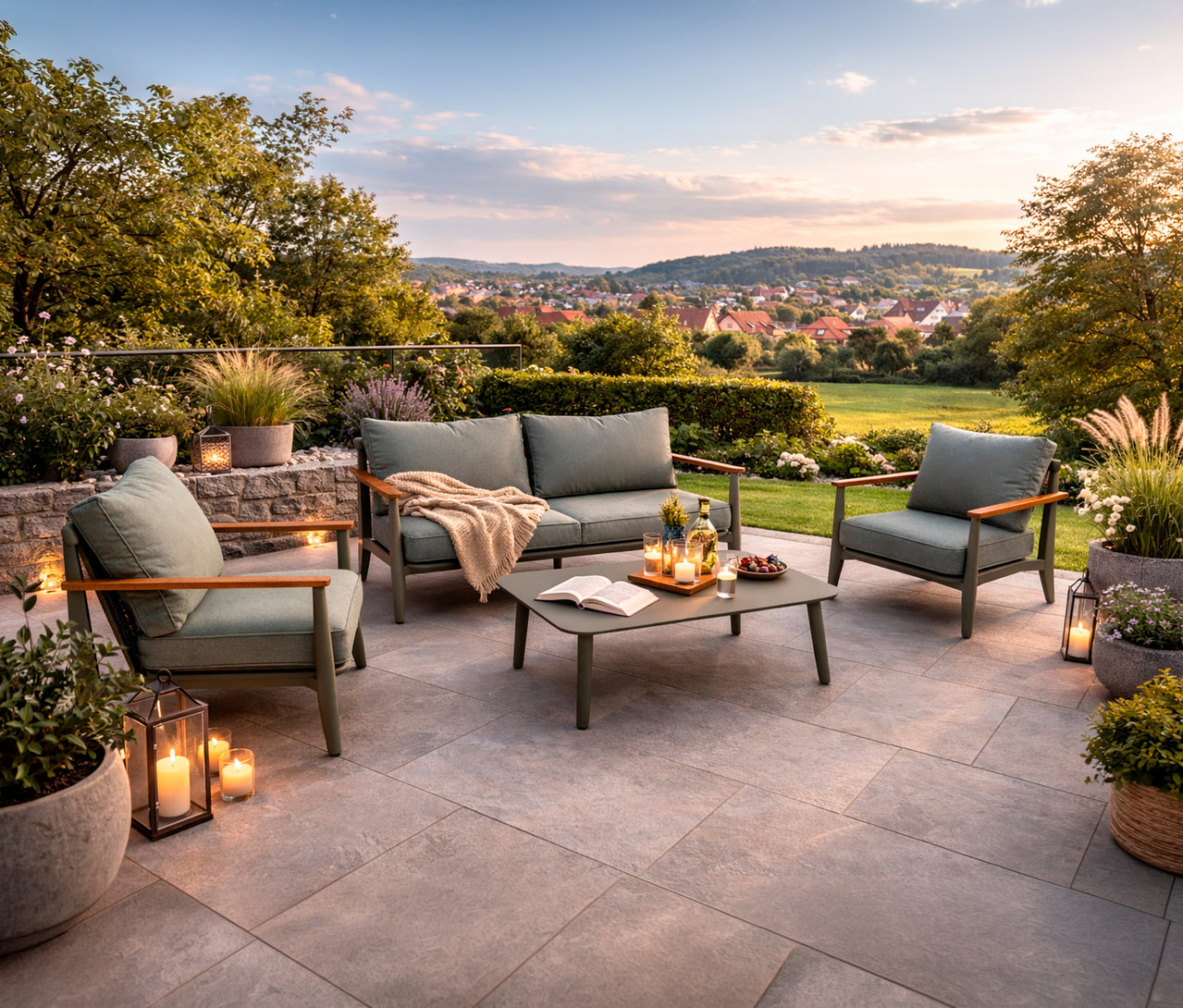 Draufsicht auf ein Leco Lounge-Set inkl. Tisch auf einer Terrasse mit Getränken und Kerzen bei Sonnenuntergang.