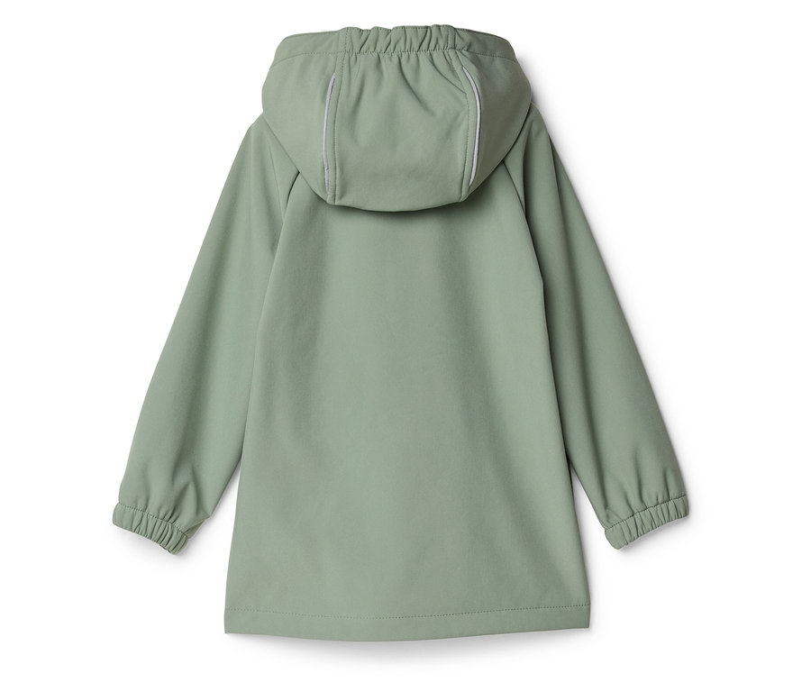 Rückansicht einer hellgrünen Regenjacke mit Kapuze und langen Ärmeln.