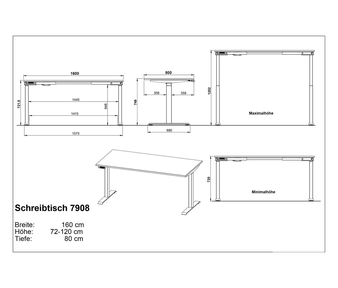 Technische Zeichnung von einem höhenverstellbaren Schreibtisch »Oviedo« mit Breiten-, Höhen- und Tiefenangaben.