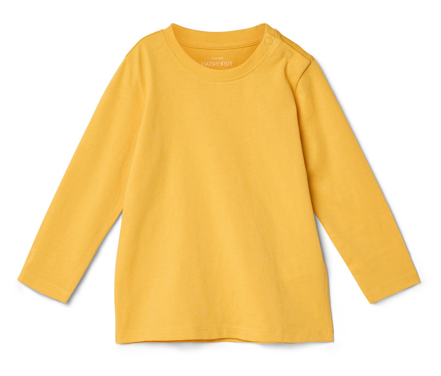 Gelbes Langarmshirt für Kinder liegt flach auf weißem Grund.