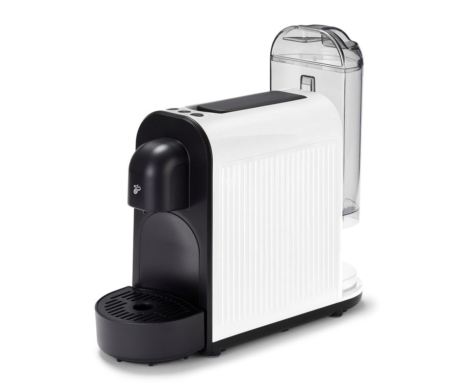 Weiße Cafissimo now white Kapselmaschine mit schwarzem Auslauf und transparentem Wassertank.