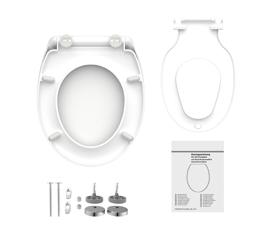 Ein weißer Duroplast WC-Sitz »FAMILY« mit geschlossener Brille und Deckel, daneben der offene Deckel, Montagezubehör und eine Anleitung.