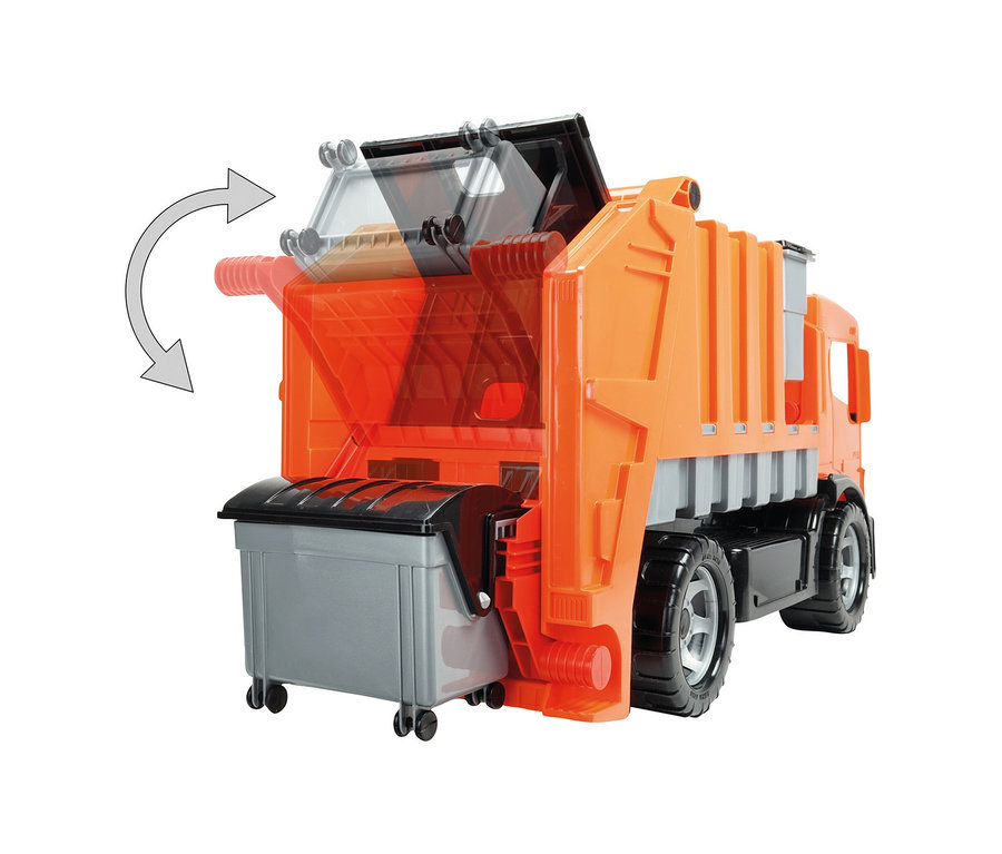 Orange-grauer GIGA TRUCKS Müllwagen mit einem grauen Mülleimer am Heck, der zum Entleeren angehoben wird.