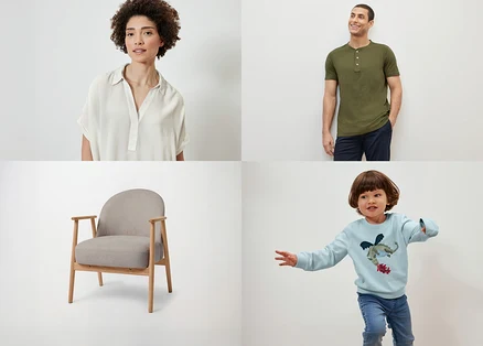 Vier Bilder: Oben links eine Frau mit lockigem Haar in einem hellen Hemd. Oben rechts ein Mann in einem grünen Henley-Shirt. Unten links ein grauer Sessel mit Holzgestell. Unten rechts ein Kind in einem hellblauen Pullover mit Drachenmotiv.