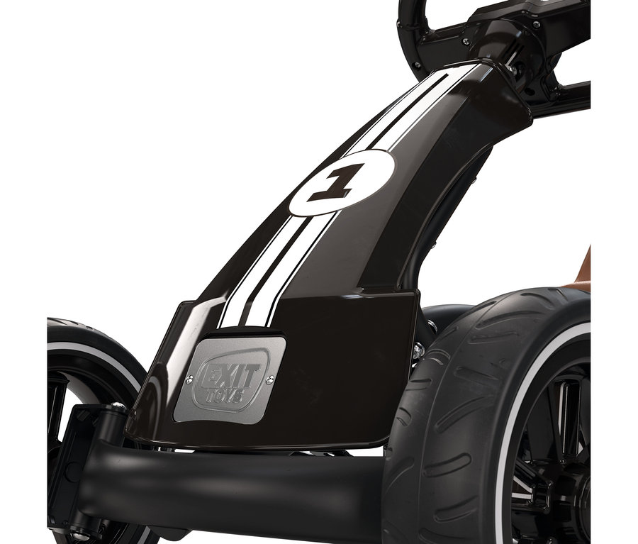 Nahaufnahme eines schwarzen Go-Karts mit weißen Rennstreifen und der Nummer 1, einem „EXIT TOYS“-Logo und schwarzen Rädern mit weißem Rand.