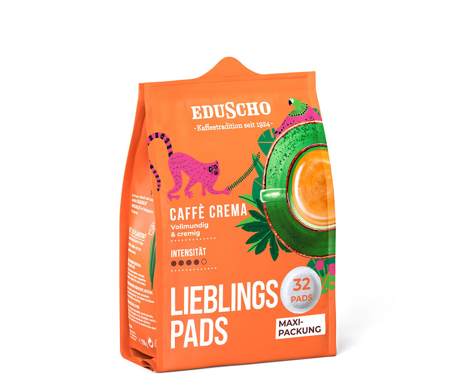 Orangefarbene Packung Eduscho Lieblingspads Caffè Crema mit Tierbildern und einer Tasse Kaffee.