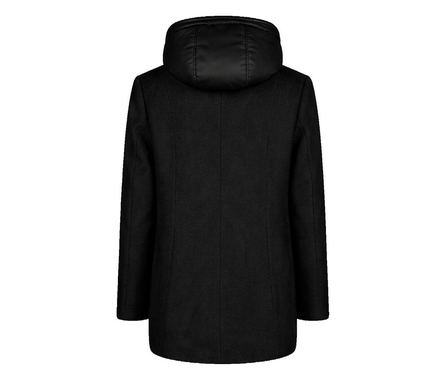 Schwarze Barbara Lebek Wolljacke von hinten, mit gepolsterter Kapuze.