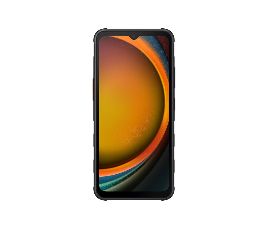 Schwarzes Smartphone mit orangefarbenem Display. Das Display zeigt ein abstraktes, farbenfrohes Design.