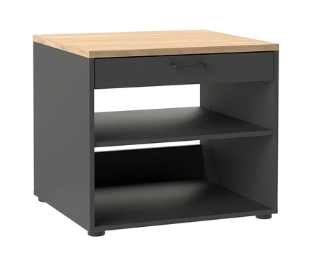 Dunkelgrauer Beistelltisch mit heller Holzplatte, einer Schublade mit dunklem Griff und zwei offenen Fächern, auf kleinen dunklen Füßen stehend.