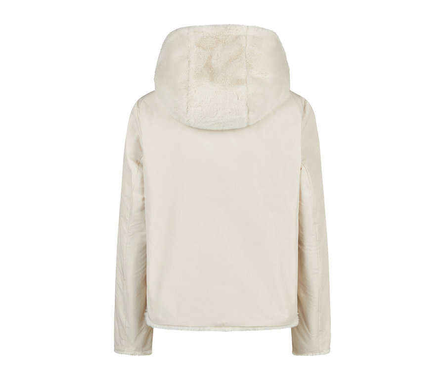 Rückansicht einer hellbeigen Barbara Lebek Wendejacke mit Kapuze und flauschigem Futter.